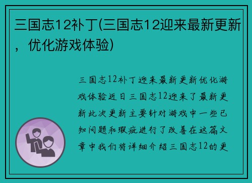 三国志12补丁(三国志12迎来最新更新，优化游戏体验)